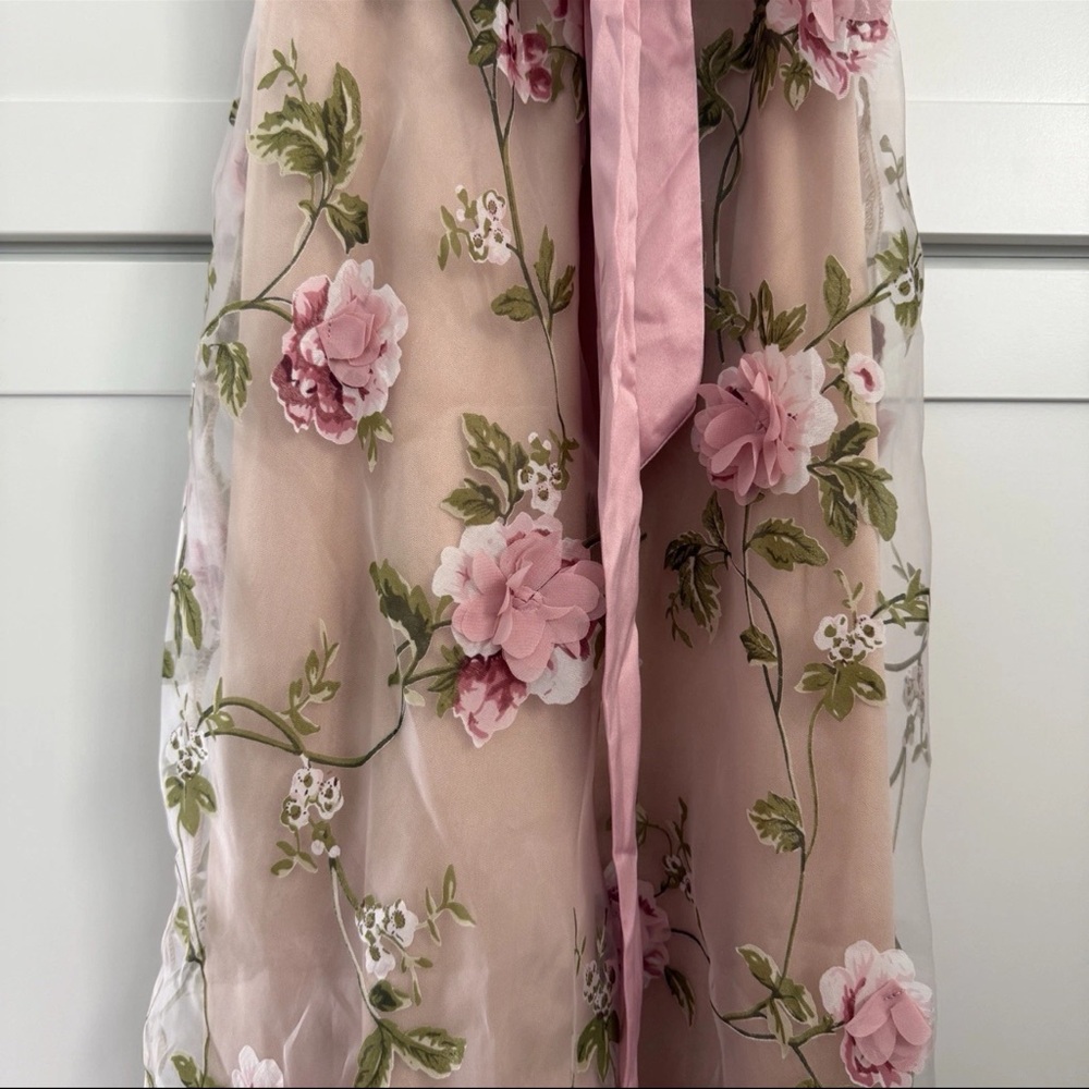 Lulu's Nude/Pink Floral Tie Strap Midi Dress Prom Wedding Guest Party Formal NEW - Picture 10 of 16